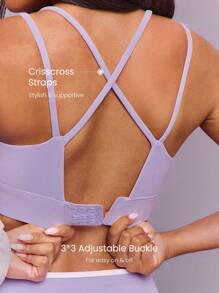 GLOWMODE FeatherFit™-Sculpt Sweat & Slay Stretchy Sweat-Wicking Double Crisscross Straps Adjustable Buckle Bottom Longline Sports Bra Jogging Gym Spring - Lilac Purple - View 4