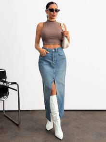 EURMUSE Women's High Waist Pocketed Slit Hem Long Denim Skirt Jean Skirt With Slit Jean Skirt Y2k Long Jean Skirt Split Denim Skirt - Medium Wash - View 5