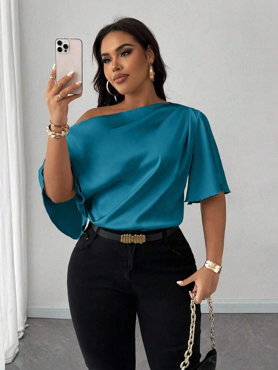 Maweii Áo sơ mi nữ cỡ lớn tay ngắn viền bèo gợi cảm, thanh lịch, thường ngày, màu xanh dương, thích hợp mặc đi làm mùa hè. - Màu xanh ngọc - Xem 1