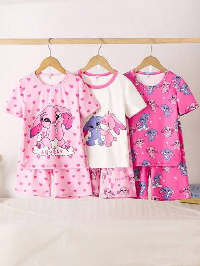 Set de 6 piezas de pijama de punto de manga corta y pantalón corto con cuello redondo para niña grande, con diseño de conejo bicolor azul y magenta, ropa de casa y de dormir de moda y versátil