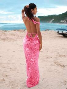 Opulessa 情人节优雅派对礼服纯色闪亮挂脖低胸长裙，适合度假、音乐节、派对、约会等场合