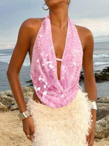 Opulessa 女式纯色亮片面料垂坠领衬衫 - 粉色 - 查看 3