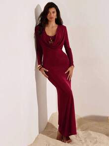 Opulessa Damen Einfarbiges Kleid mit drapiertem Ausschnitt, langem Ärmel und figurbetonter, sexy Passform - Bordeaux - Übersicht 3