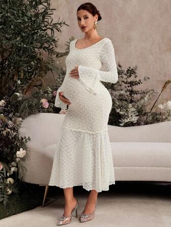 MaterniChic Vestido de embarazo de silueta ceñida con bajo tipo cola de sirena, unicolor, adecuado para el otoño