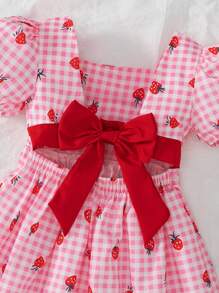 SHEIN Elladie kids 女童甜美纯色泡泡袖连衣裙，可拆卸蝴蝶结，夏季休闲度假装