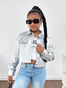 SHEIN 青少年女孩时尚休闲翻领口袋金属纽扣前 PU 短夹克 - 銀色 - 查看 6