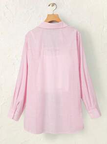 Rusticease 大码长袖休闲条纹衬衫，秋季女装 - 粉色 - 查看 2