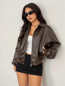 SHEIN PETITE Women's Solid Color Drop Shoulder Long Sleeve Zipper Front PU Leather Casual Jacket Brown Leather Jacket In Fall/Winter,Brown Jacket - Brown - View 6