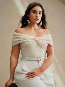 Anewsta Fashionable Elegant Shoulder Cutout Twist Front Crop Top, Suitable For Summer, Classy, Elegant, Beach, Festival, Holiday, Casual - Apricot - View 4