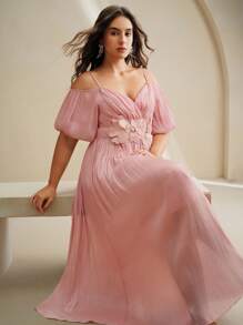 Anewsta Elegant Shoulder-Baring Rhinestone Accent Slim Fit Waistline Dress For Women - Pink - View 5