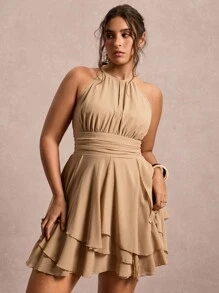 Freevana 大码女式无袖纯色收腰简约休闲连衣裙，时尚优雅 - 卡其色 - 查看 1