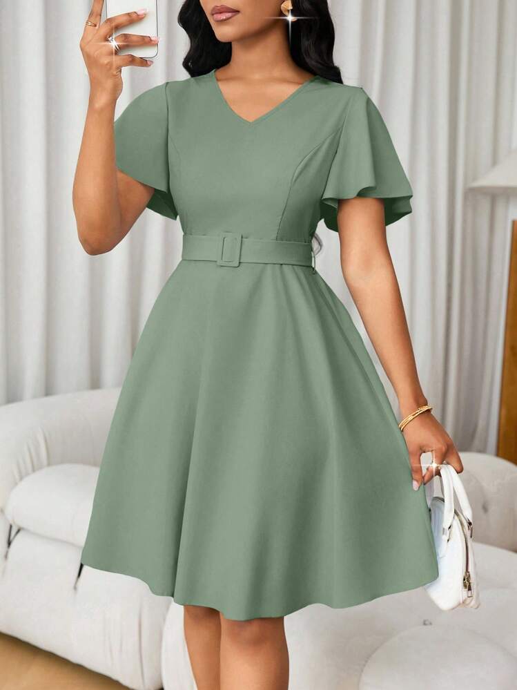 SHEIN Ladiora Vestido mini elegante de manga corta con volantes en el bajo y corte evasé de un solo color para mujer - verde menta - Añade 1