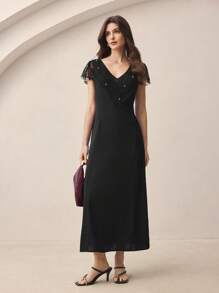 BizChic Elegant Black Summer One-Piece Dress For Women,Woven Lace V-Neck Dining,Business,Casual,Daily,Holiday,Wedding Guest,Music Festival,90s Vintage Style - Black - View 3
