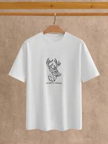 Mainfolk Men's Casual Loose Fit Round Neck Short Sleeve T-Shirt With Geometric Deer Embroidery, Graphic Tee - White - View 3
