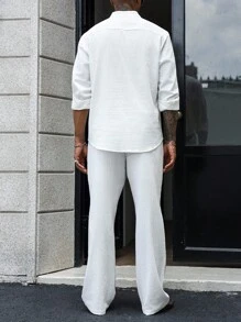 Manfinity Homme 男士棉质休闲长袖可调节袖口半襟立领衬衫和宽松长裤套装男士两件套服装