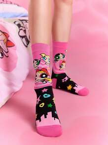 THE POWERPUFF GIRLS X SHEIN 2 đôi tất cổ cao mềm mại, thoáng khí, thấm hút mồ hôi dành cho nữ, họa tiết hoa, bong bóng, hoa mao lương, thời trang và dễ thương, màu trắng và hồng, mũi và gót được gia cố, bền bỉ, phù hợp cho mọi mùa, mọi phong cách - Nhiều màu - Xem 7