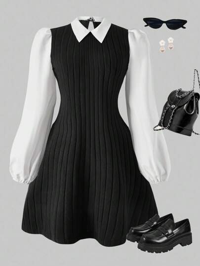 SHEIN ChillGRL Vestido corto casual de manga larga con estilo universitario y diseño de patchwork para adolescentes