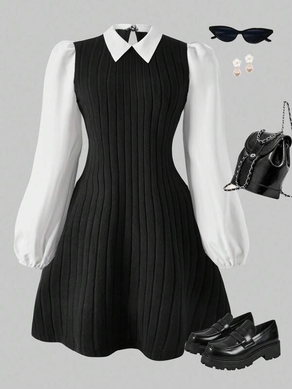 SHEIN ChillGRL Streecool 少女休闲学院风少女拼接长袖短款休闲连衣裙