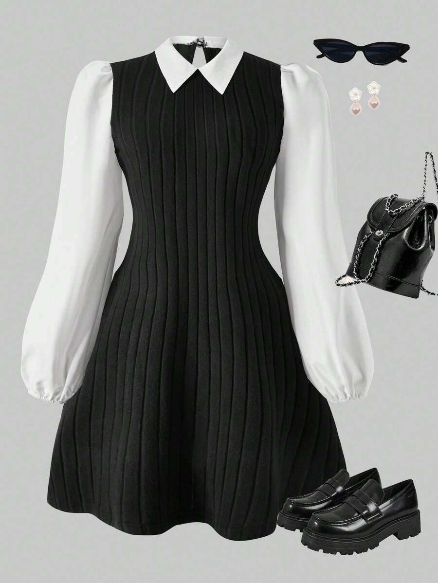 SHEIN Streecool Teen Girl Casual College Style Teen Girl Patchwork Long Sleeve Short Casual Dress Fall Winter