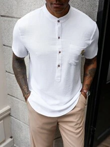 Manfinity Homme 男士夏季休闲短袖衬衫和裤子套装白色亨利衫男士夏季衬衫 - 白色 - 查看 5