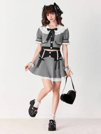 J-Fashion Set de 2 faldas con estampado de pata de gallo, decoración de corazón y lazo, estilo princesa lindo para mujer