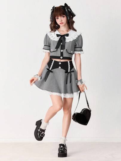 EDITION 2pcs Women's Cute Princess Style Houndstooth Pattern Patchwork Heart & Bow Decor Skirt Set