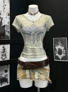 EgrlEra Women's Tie-Dye Base Punk Retro Print Rhinestone V-Neck Short Sleeve T-Shirt