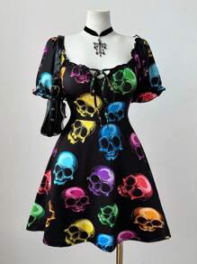 Sunspun Plus Size Women Rave Halloween Skull Graphic Short Sleeve Mini Dress - Multicolor - View 4