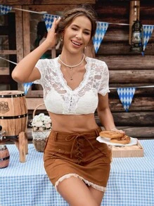 SHEIN Frenchy Women's V-Neck Lace Trim Short Sleeve Casual Cropped Top Oktoberfest Dirndl Tops Oktoberfest Tracht Oktoberfest Wiesn Bierfest Oktoberfest Dirndl Oktoberfest Festival Lace Crop Top Summer White - White - View 9