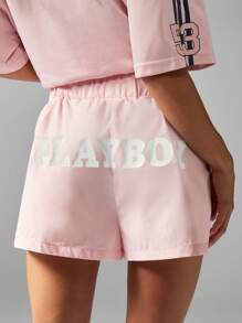 Missguided x Playboy 中长款棉质休闲家居服睡衣抽绳腰短裤舒适步行裤夏季节日沙滩装休闲日间装 - 粉色 - 查看 1