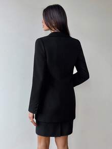 SHEIN Women Solid Color Button And Pocket Detailed Blazers - Black - View 2