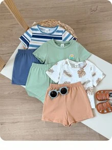 6 件套男婴夏季休闲度假海滩风格树叶和条纹印花 T 恤和短裤套装 - 彩色 - 查看 7