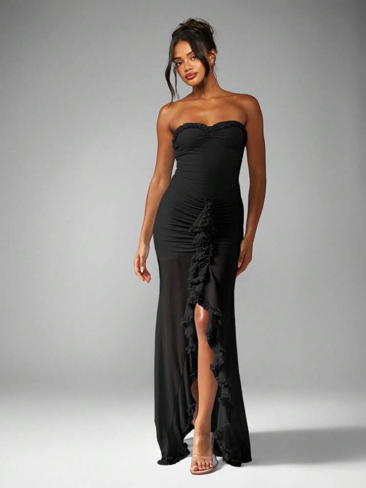 MISSGUIDED Elegante vestido de noche largo con escote corazón, diseño de bandeau, pliegues y abertura alta con volantes para ocasiones especiales, fiestas y bodas