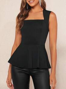 Amorya 方领荷叶边背心，商务休闲女装，适合夜间外出、教师、教堂活动和夏季穿着。 - 黑色 - 查看 5