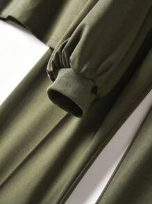 Rusticease 2件套女士休闲纯色简约长袖上衣和裤子套装两件套女士长袖两件套舒适两件套2件套休闲套装女士两件套裤子套装女士秋季女士冬装 - 軍綠色 - 查看 3