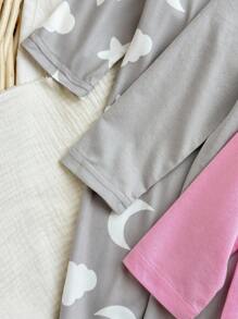 嬰兒女孩可愛印花拼色翻領裝飾長袖針織柔軟舒適家居連體褲套裝，3入組 - 灰色 - 查看 4