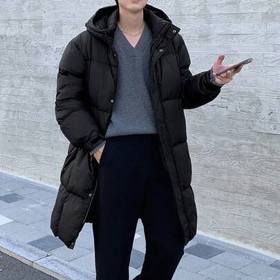 남성용 두꺼운 후드 블랙 면 패딩 코트, 겨울