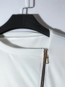 Franclia 时尚气质侧腰不对称领口金属拉链白色街头上衣女春秋长袖T恤秋季衣服全白秋衣女 - 白色 - 查看 4