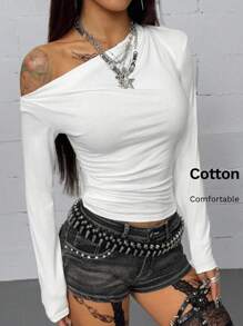 Coolane 女式夏季文艺复兴博览会街头休闲简约朴素棉质弹力白色不对称领口修身款 - 白色 - 查看 2