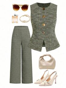 Ellevyn Women's Sleeveless Vest With Metal Button Closure, Suitable For Commuting - Green - View 7