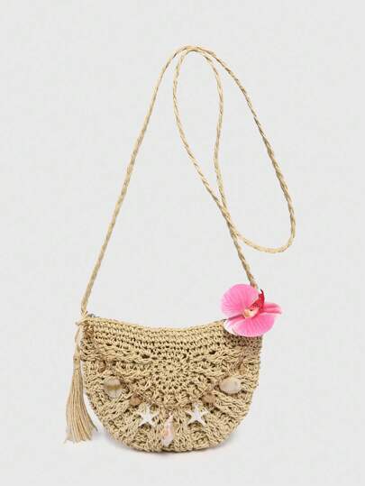 Fairycore Damen Stroh Umhängetasche mit Blumenmuster und Muscheldekor, leicht und geeignet für Urlaub, Einkaufen