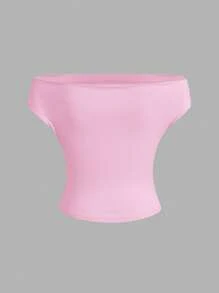 SHEIN EZwear 2 件套黑色和粉色纯色露肩荷叶边衬衫，夏季新款百搭百搭女式上衣 - 彩色 - 查看 7