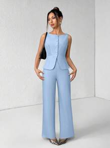 SHEIN PETITE 女士纯色圆领单排扣背心和裤子优雅通勤套装，夏秋季女装女套装办公室装商务休闲女两件套秋季女装办公室装女套装女式西装套装