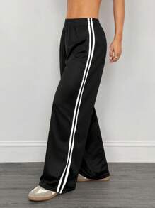 SHEIN PETITE Casual Black Side Striped Trousers Simple Fashion Daily Casual Loose Pants