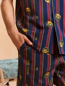 Paul Frank X SHEIN Men's Color Block Striped & Cartoon Pattern Button Front Short Sleeve Top And Shorts Loungewear Set - Multicolor - View 4
