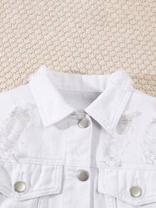 Tween Girl Y2K Cute Pink Casual Distressed Short Jacket, Drawstring Waist Denim Mini Skirt 2-Piece Set - White - View 4