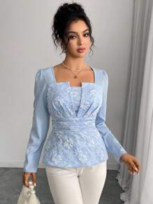 Rafferiza 优雅通勤提花拼布腰衬衫 - 藍色 - 查看 6