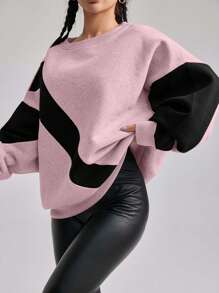 EURMUSE Cotton Colorblock Drop Shoulder Sweatshirt - Baby Pink - View 4