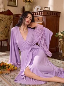 Côtesoire 女士优雅法式荷叶边下摆浴袍 - 紫色 - 查看 6