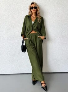 Aveloria Modichic 2 件套女士混纺侧开衩宽松衬衫和高腰阔腿裤优雅商务休闲女装 - 軍綠色 - 查看 6